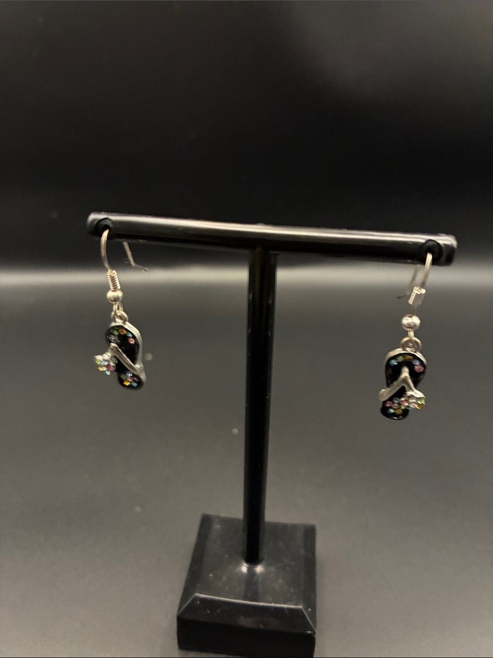 Dainty Black Flip-Flop Drop Earrings with Crystal Accents